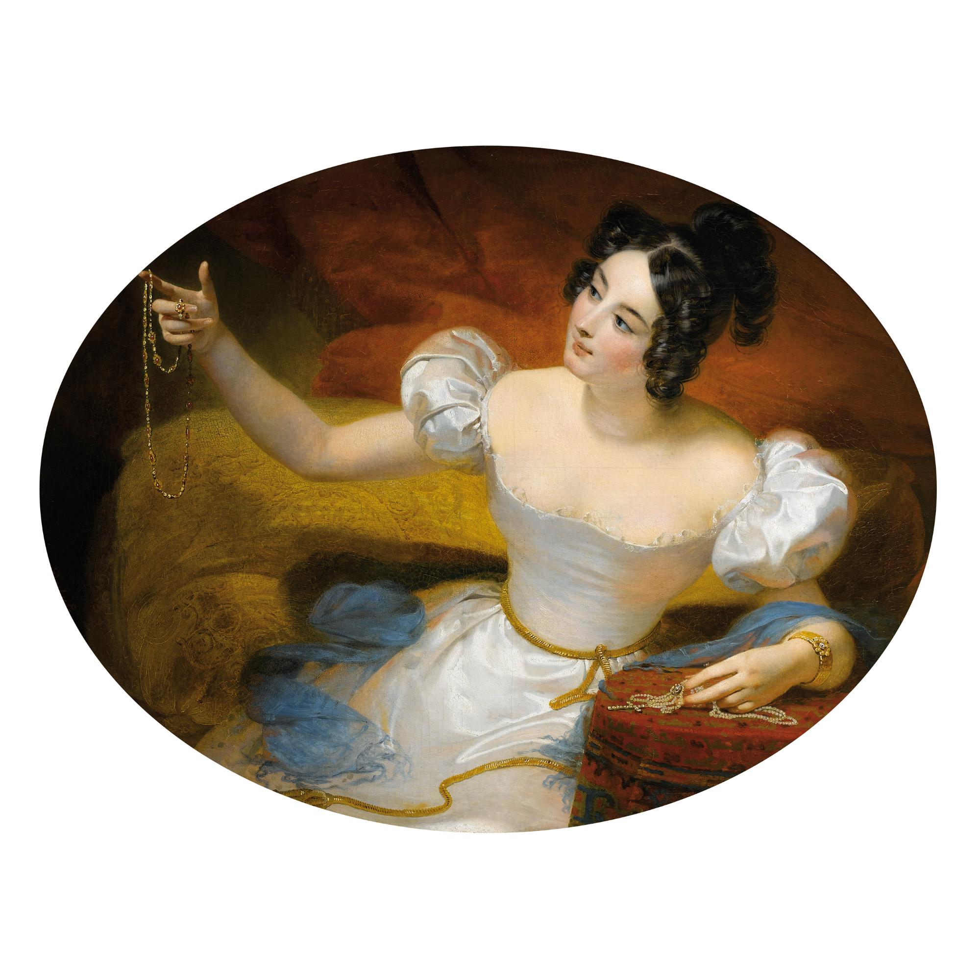 Claude-Marie Dubufe - Le Soir Ou Jeune Fille Tenant Un Collier