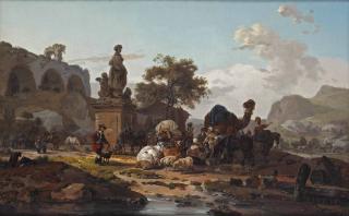 Claude Michel Hamon Duplessis - An Italianate landscape with a caravan of cattle, sheep, a camel and travellers, near a ruin