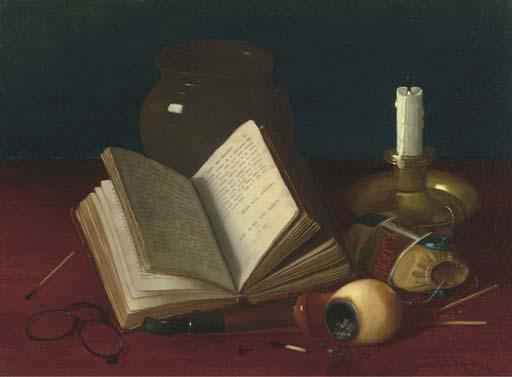 Claude Raguet Hirst - Still Life With A Pipe, Candlestand And Book