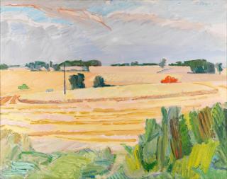 Claude Rogers - Landscape with Red and Green Harvesters