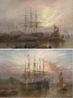 Claude T. Stanfield Moore - Repairing Dock, East Greenwich; And Lying At Anchor At Dusk, East Greenwich (Both Illustrated)