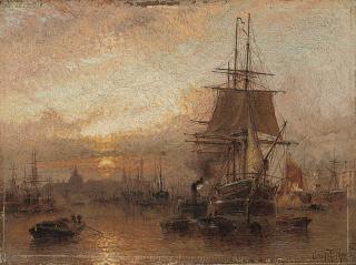 Claude T. Stanfield Moore - Shipping in the Pool of London at dusk
