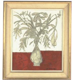 Claude Venard - Fleurs sur fond blanc et rouge