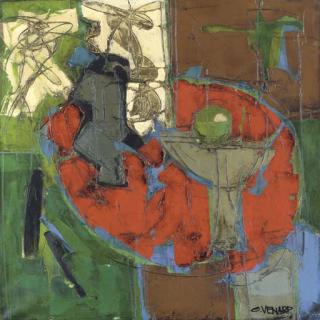 Claude Venard - Still life with a compote and a vase of flowers