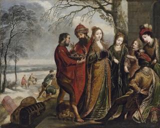 Claude Vignon - Solomon and the Queen of Sheba, in a winter landscape