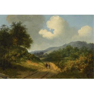 Claus Hendrik Meiners - A Wooded Landscape With Travellers On A Track