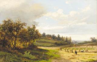 Claus Hendrik Meiners - Figures haymaking in a landscape, a church beyond