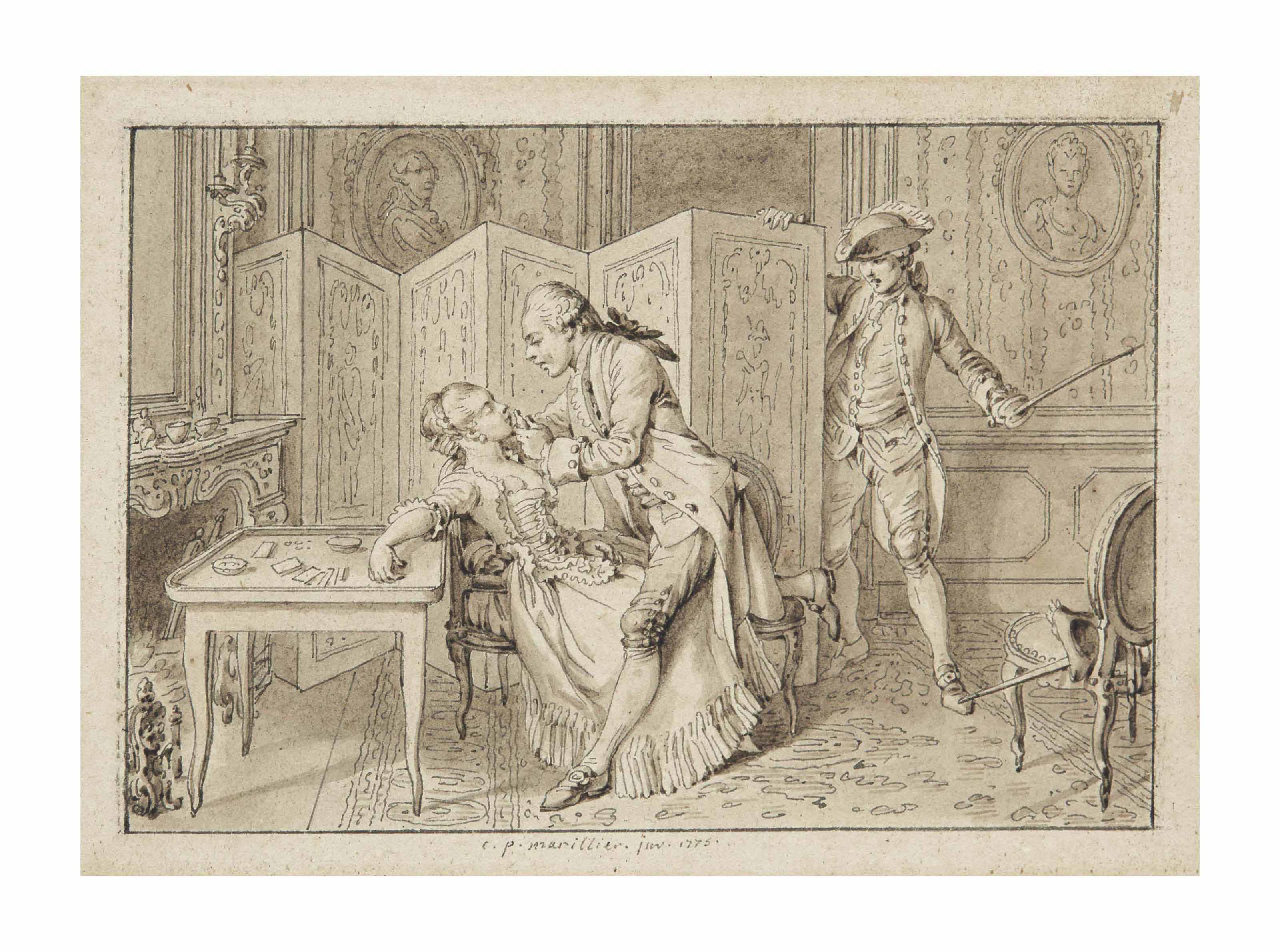 Clément-Pierre Marillier - Homme ravivant une femme évanouie, un homme à l\'épée derrière un paravant