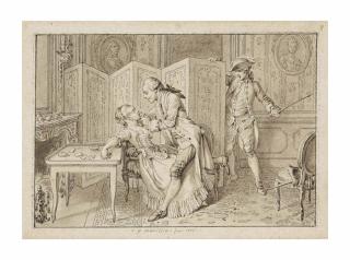 Clément-Pierre Marillier - Homme ravivant une femme évanouie, un homme à l\'épée derrière un paravant