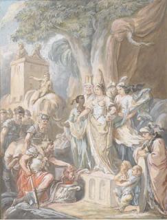 Clément-Pierre Marillier - Thomyris faisant plonger la tête de Cyrus dans un vase rempli de sang, un éléphant au fond