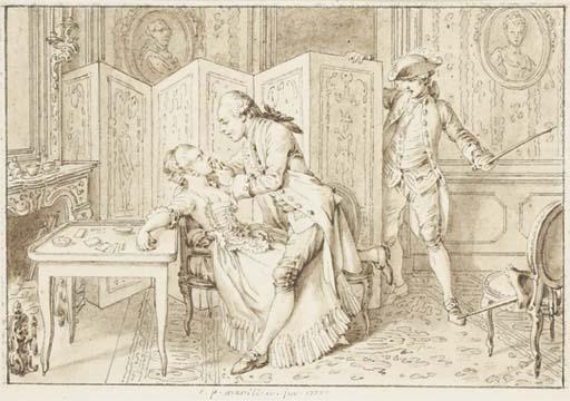 Clément-Pierre Marillier - Un homme ravivant une femme évanouie, un homme l\'épée à la main derrière un paravent