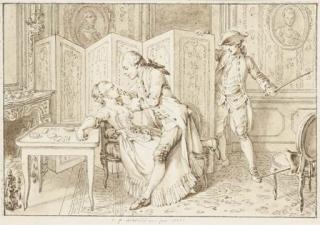 Clément-Pierre Marillier - Un homme ravivant une femme évanouie, un homme l\'épée à la main derrière un paravent