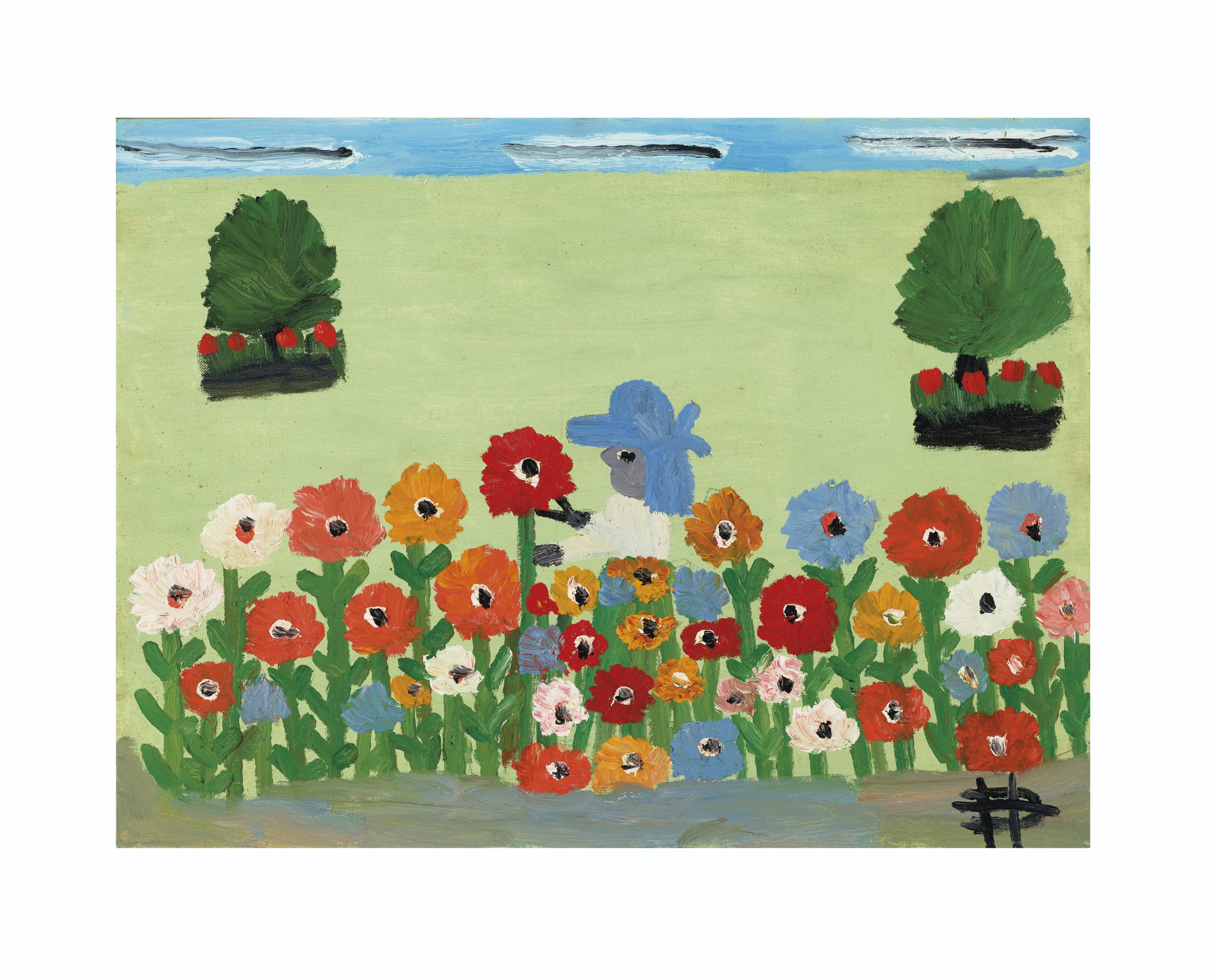 Clementine Hunter - Clementine In Her Flower Garden, 1984
