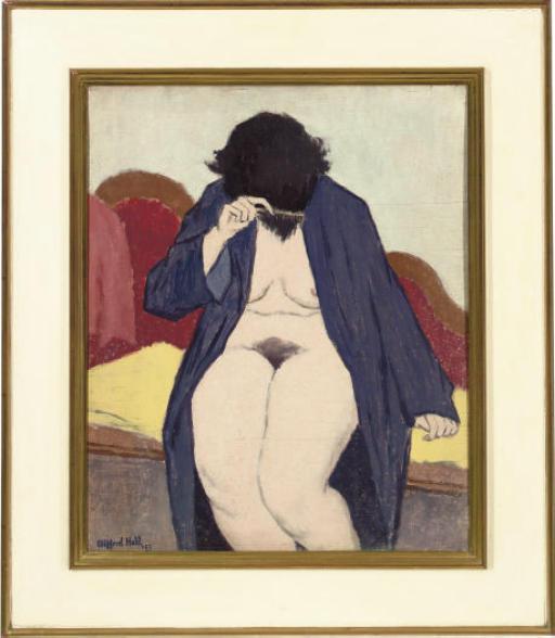 Clifford Hall - Seated Nude Brushing Her Hair
