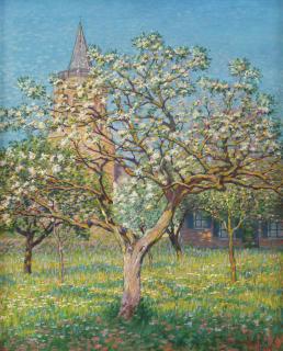 Co Breman - Blossoming tree with the church of Laren in the distance
