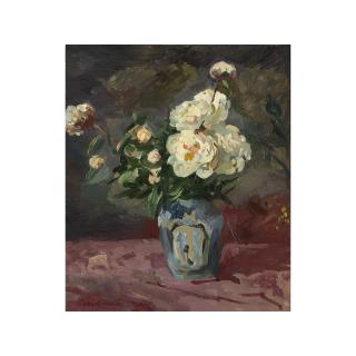 Coba Ritsema - A Flower Still Life With Peonies In A Delft Blue Vase