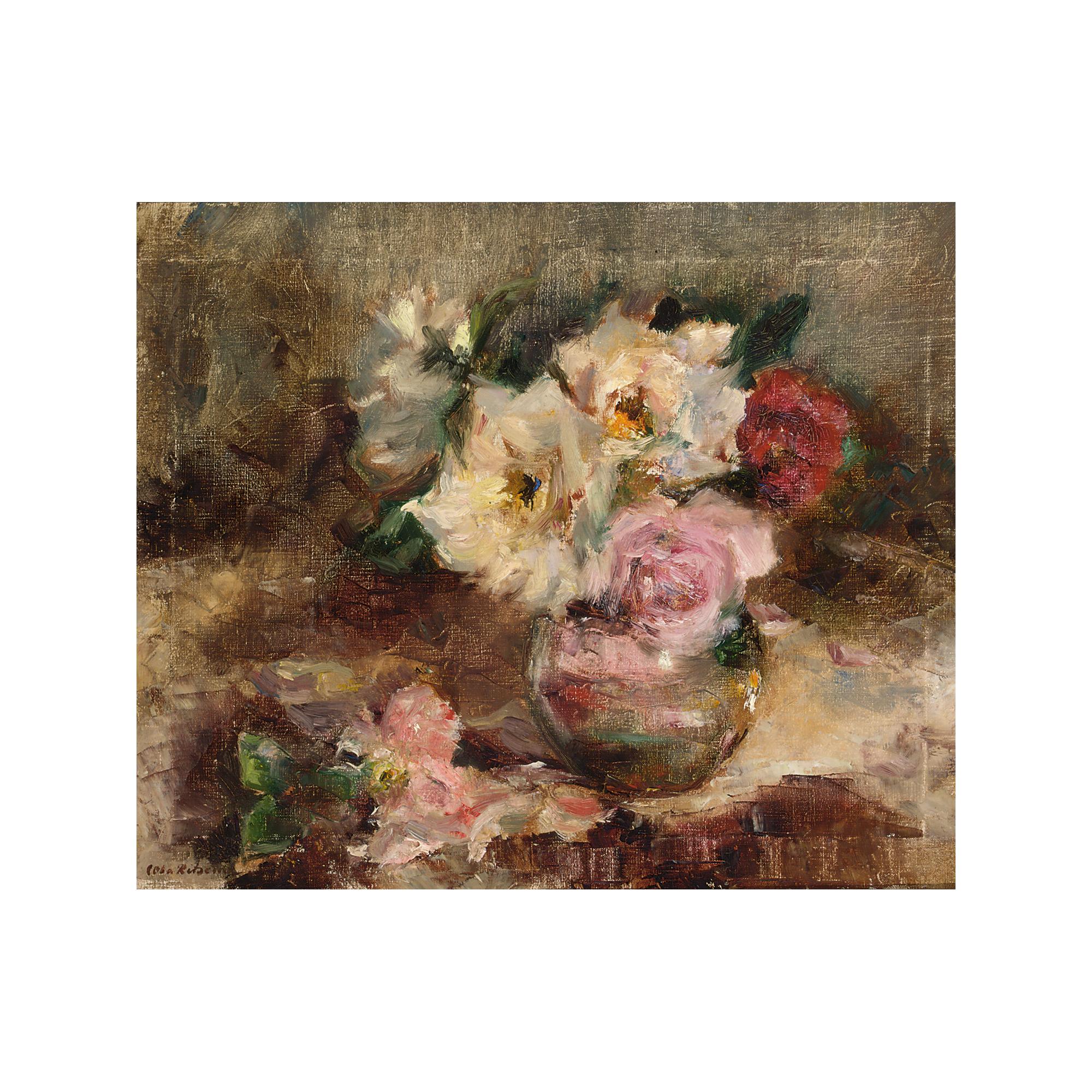 Coba Ritsema - A Flower Still Life With Roses In A Glass Vase