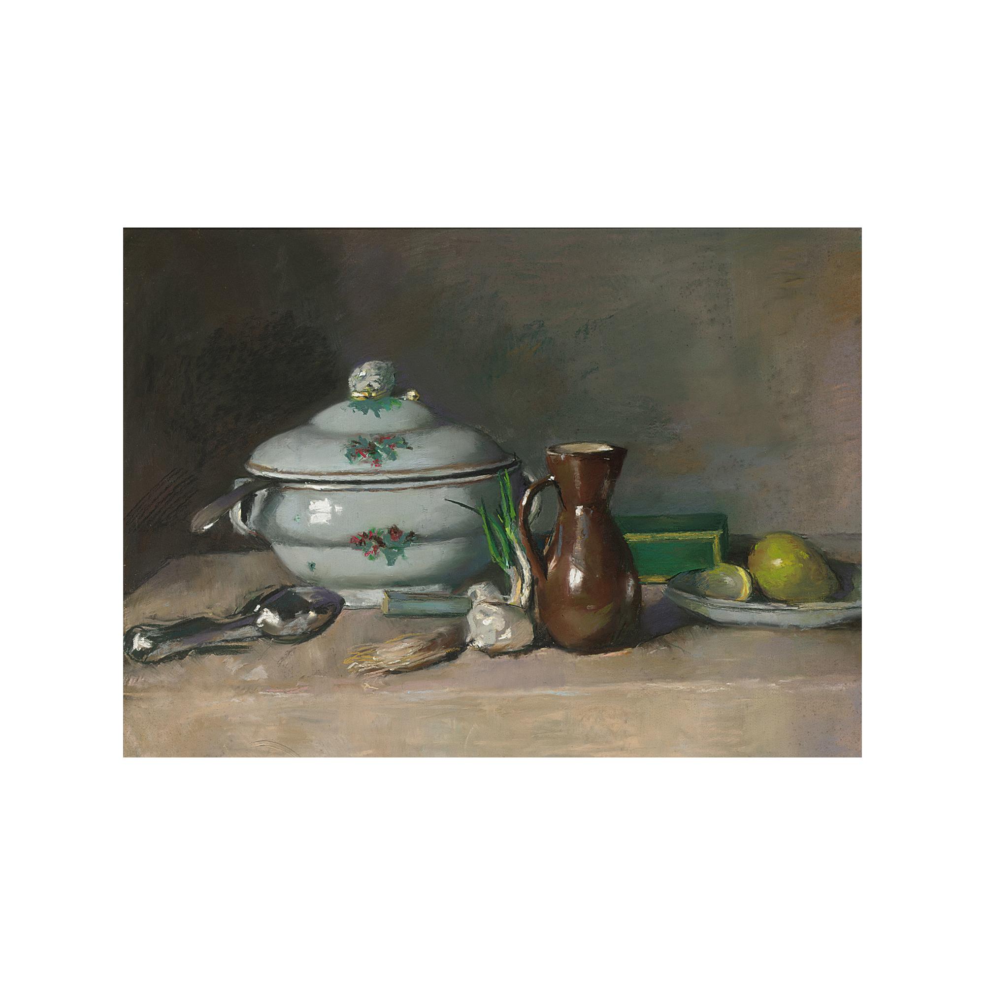 Coba Ritsema - A Kitchen Still Life With A Tureen, A Jug And Onions