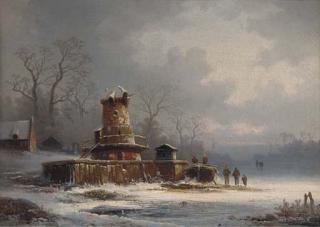 Cölestin Brügner - Figures by a mill on a frozen waterway
