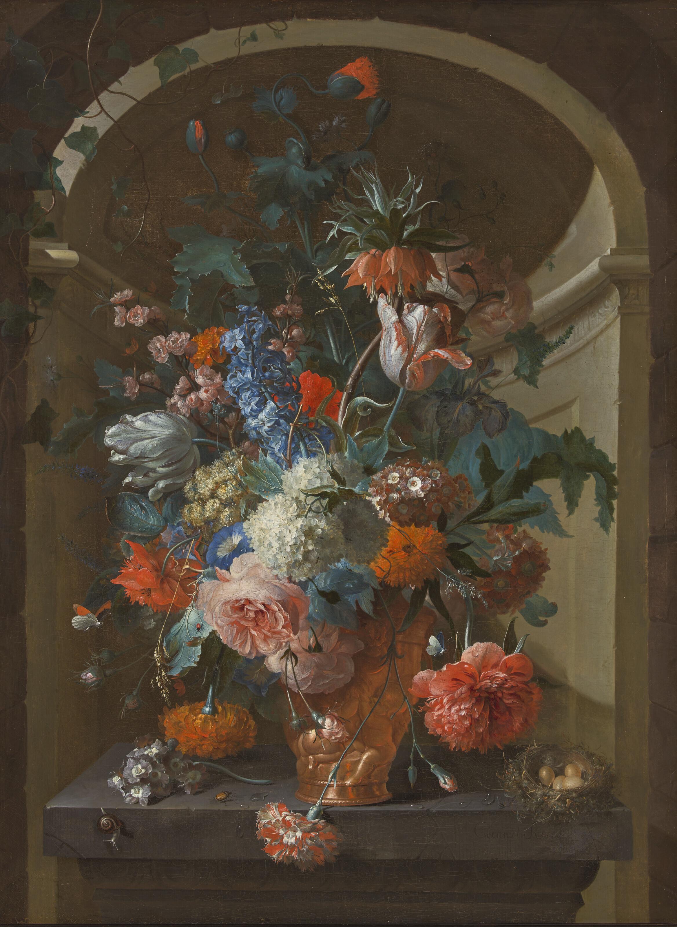 Coenraet Roepel - Nature morte aux bouquet de fleurs et nid d\'oiseau dans une niche