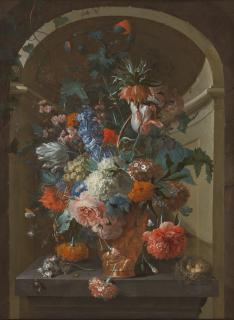 Coenraet Roepel - Nature morte aux bouquet de fleurs et nid d\'oiseau dans une niche