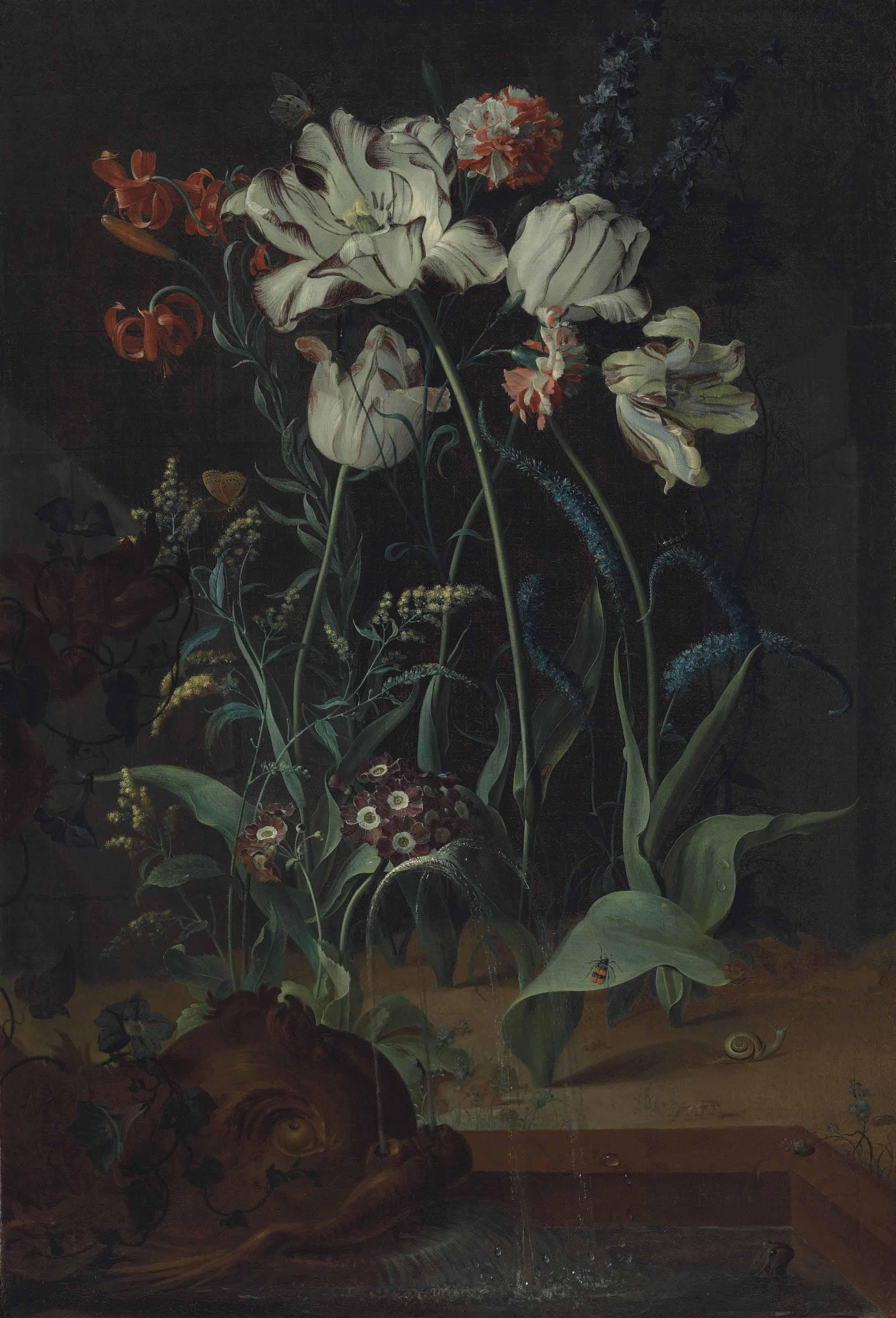Coenraet Roepel - Parrot tulips, carnations, Turk-cap lilies and other flowers with a snail, a frog and insects by a fountain with a sculpted dolphin