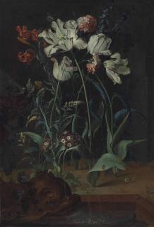 Coenraet Roepel - Parrot tulips, carnations, Turk-cap lilies and other flowers with a snail, a frog and insects by a fountain with a sculpted dolphin