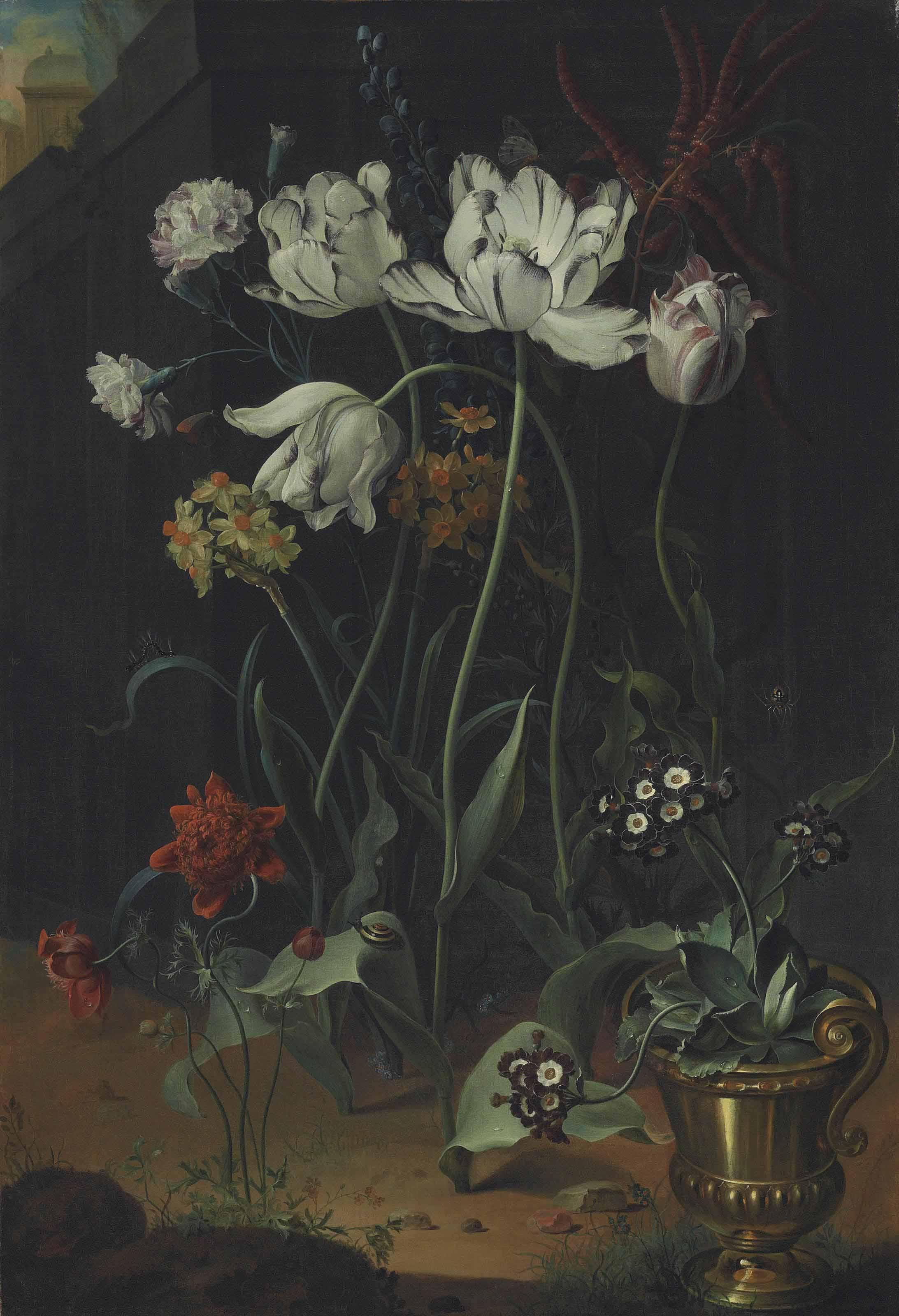 Coenraet Roepel - Parrot tulips, narcissi, carnations and other flowers, with primroses in a bronze urn