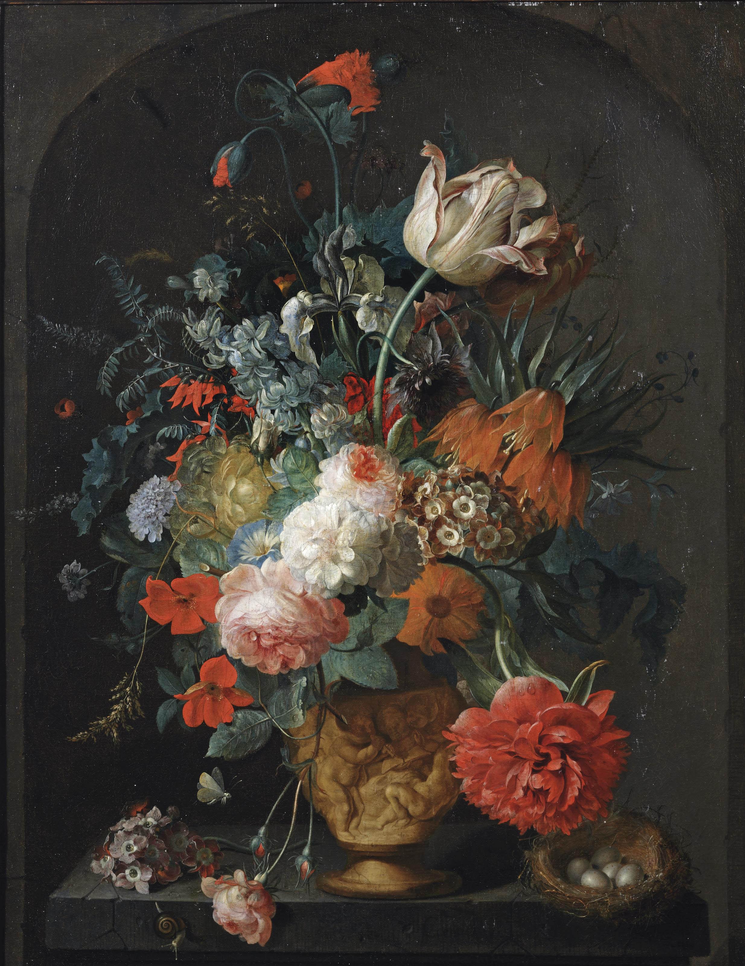 Coenraet Roepel - Roses, tulips, anemones, irises, ranunculus, a larkspur, a hyacinth, auricula, a peony, a Crown Imperial lily and other flowers in a sculpted vase, with a snail and a bird\'s nest on a pedestal in a stone niche