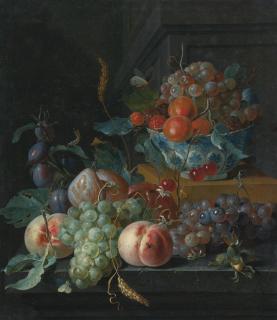 Coenraet Roepel - Still Life Of Fruit On A Ledge And In A Blue And White Porcelain Bowl 