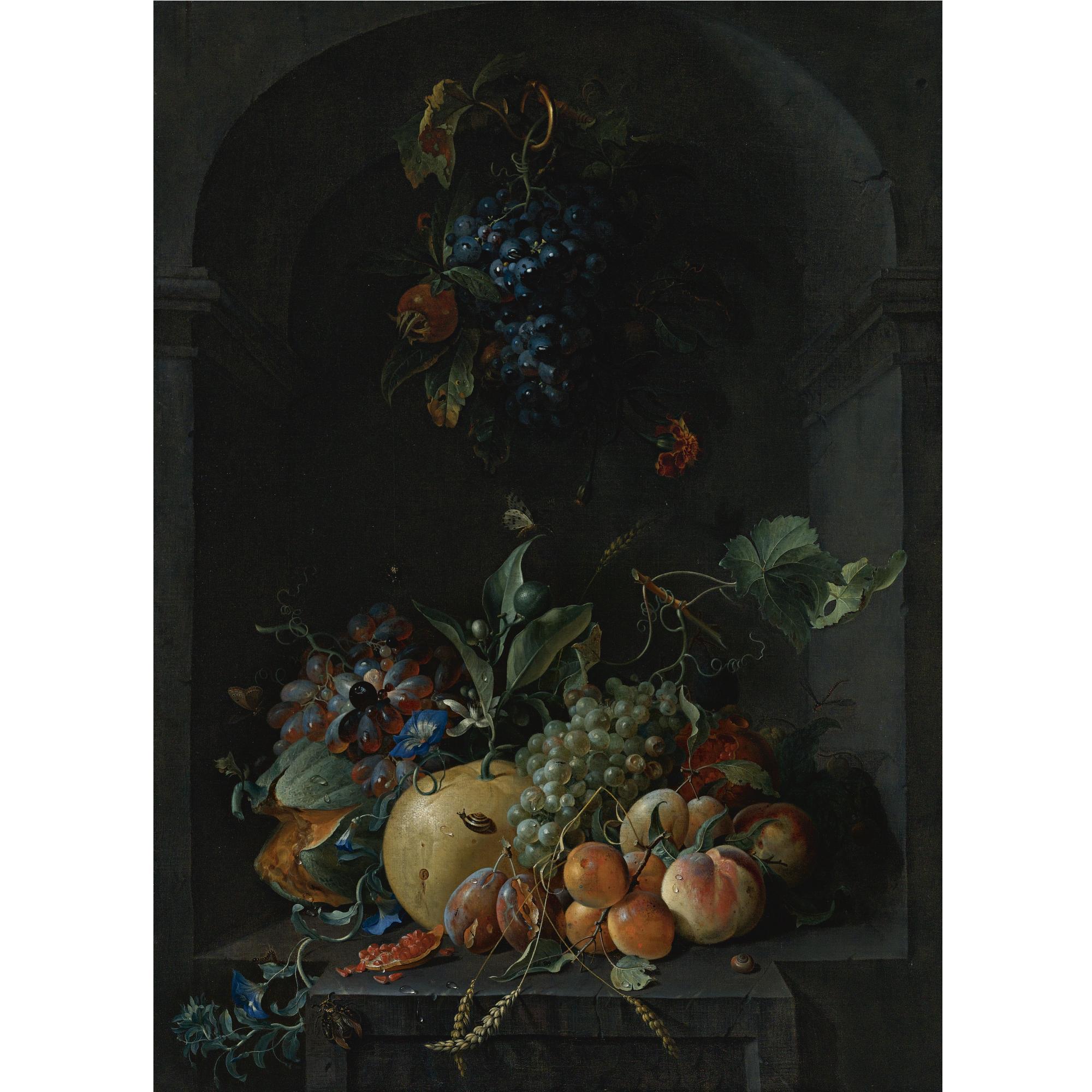 Coenraet Roepel - Still Life Of Grapes, Melons, Peaches, Plums And Other Fruit With Morning Glory And Shafts Of Wheat In A Stone Niche, With A Bunch Of Grapes And Medlars Hanging Above