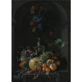 Coenraet Roepel - Still Life Of Grapes, Melons, Peaches, Plums And Other Fruit With Morning Glory And Shafts Of Wheat In A Stone Niche, With A Bunch Of Grapes And Medlars Hanging Above