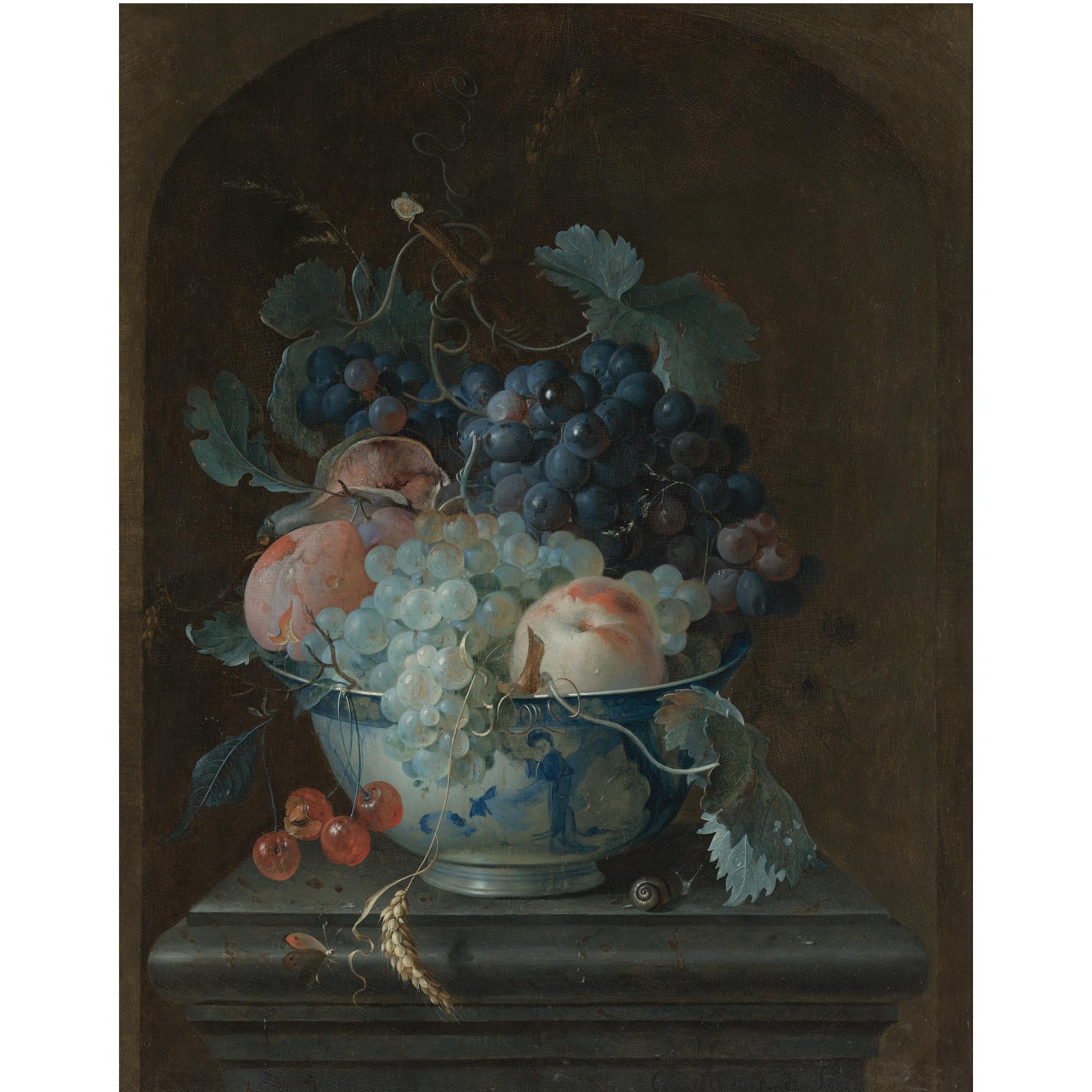 Coenraet Roepel - Still Life With Grapes, Cherries, Peaches And A Fig In A Porcelain Bowl Resting On A Ledge Before A Stone Niche