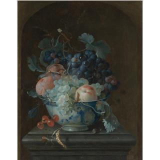 Coenraet Roepel - Still Life With Grapes, Cherries, Peaches And A Fig In A Porcelain Bowl Resting On A Ledge Before A Stone Niche