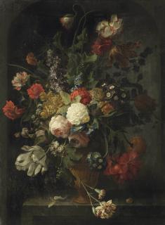 Coenraet Roepel - Violets, pink and white roses, carnations, tulips, blue morning glory, a peony, a hyacinth and various other flowers in a vase, on a stone ledge with a pupa and a snail