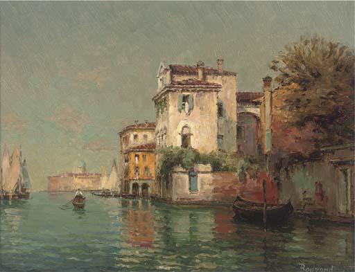 Colette Bouvard - A gondolier on a Venetian backwater, Santa Maria della Salute beyond