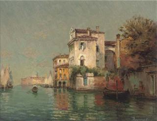 Colette Bouvard - A gondolier on a Venetian backwater, Santa Maria della Salute beyond
