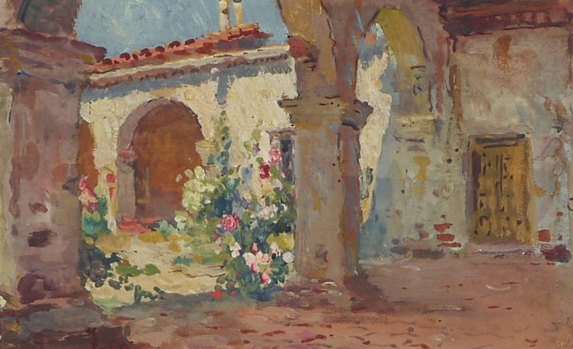 Colin Campbell Cooper - Mission Courtyard sight 4 1/4 x 7 in. framed 14 1/2 x 16 in.