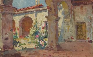 Colin Campbell Cooper - Mission Courtyard sight 4 1/4 x 7 in. framed 14 1/2 x 16 in.