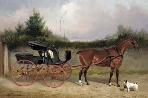 Colin Graham Roe - Shin-a-beg a bay horse in a phaeton, with a terrier and a pug in a stable yard