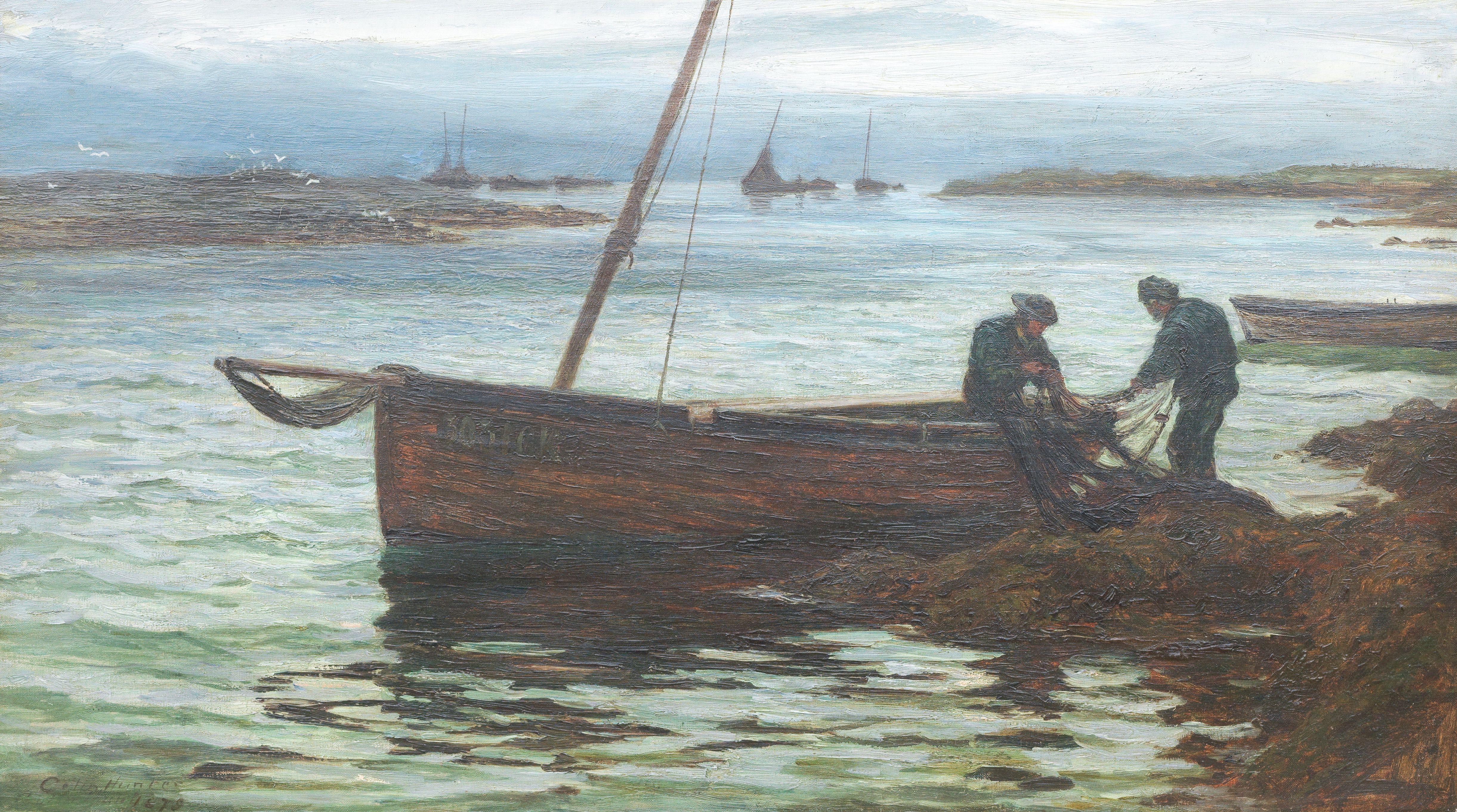 Colin Hunter, ARA RI RSW RE - Fisherman preparing the nets