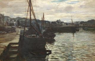 Colin Hunter, ARA RI RSW RE - Harbour scene, possibly Coldingham