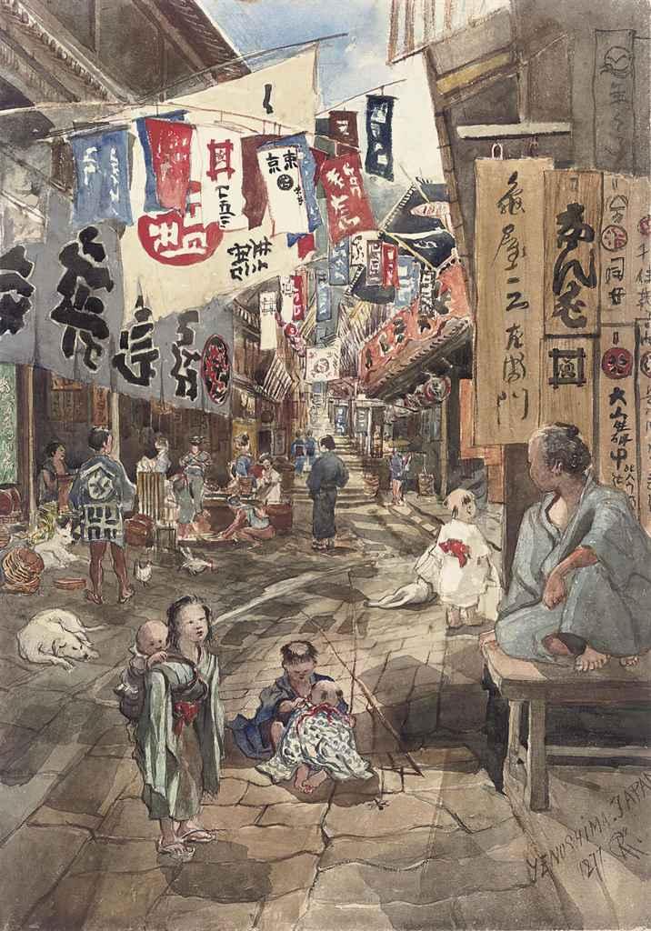 Colonel Robert Charles Goff - View of Yenoshima, Japan (illustrated); and Japanese figures in a market