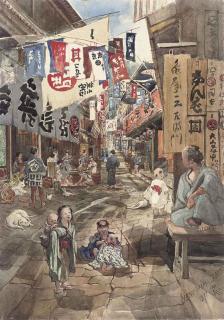 Colonel Robert Charles Goff - View of Yenoshima, Japan (illustrated); and Japanese figures in a market