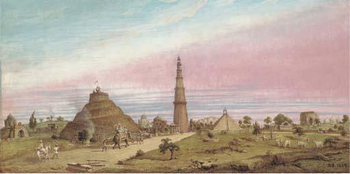 Colonel Robert Smith - A view of the Qutb complex, Delhi, with the Qutb Minar, Alai Darwaza and the Jamali Kamali Mosque in the distance
