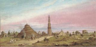 Colonel Robert Smith - A view of the Qutb complex, Delhi, with the Qutb Minar, Alai Darwaza and the Jamali Kamali Mosque in the distance