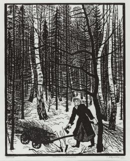 Conrad Felixmüller - „Holzlesende im Winterwald“.