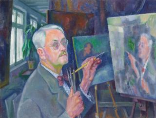 Conrad Felixmüller - Selbstbildnis mit malender Hand, Im Hintergrund Werkstatt