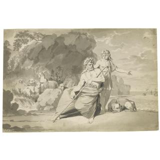 Conrad Martin Metz - A Shepherd And His Flocks By The Seashore, A Young Man Beside Him Pointing To Ships On The Horizon