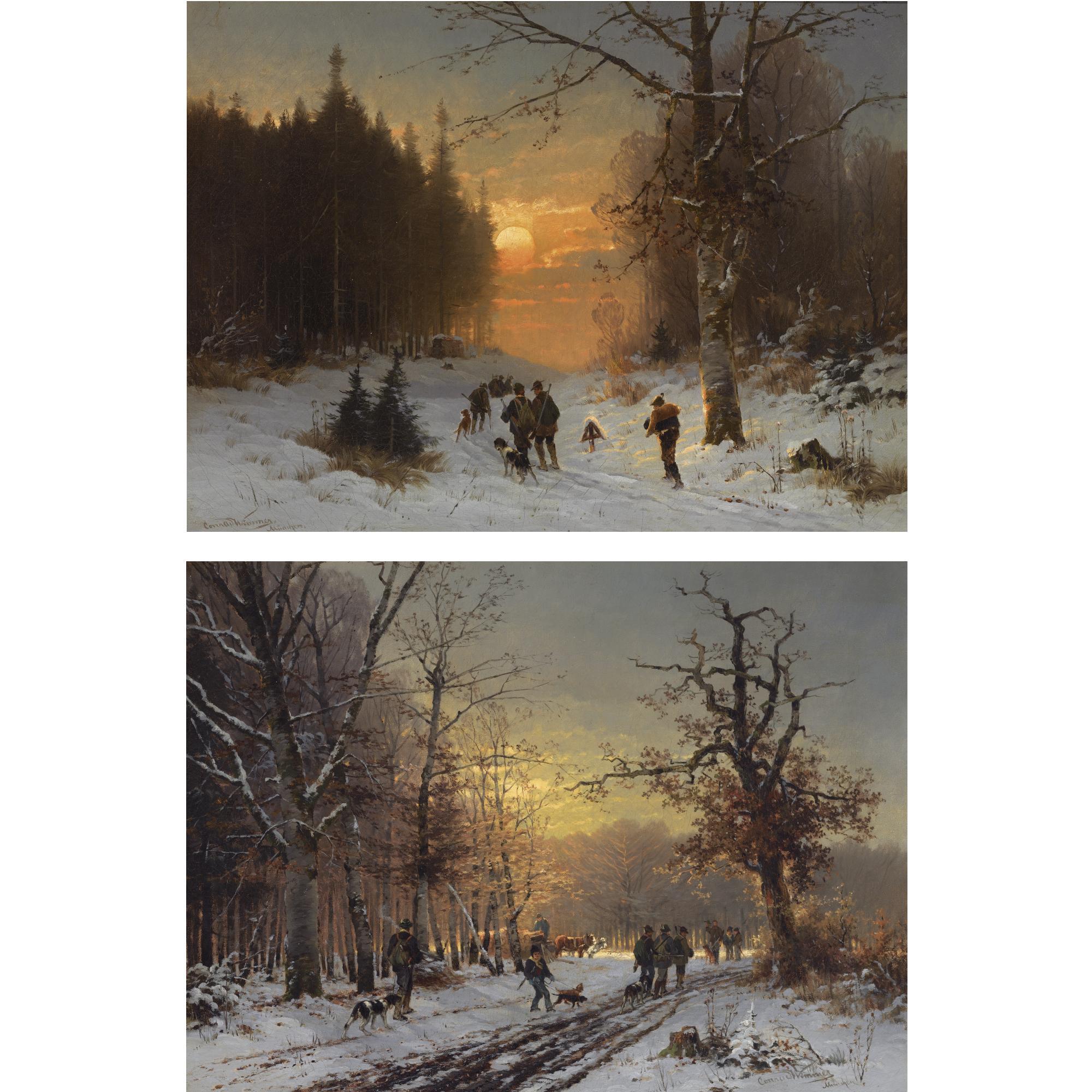 Conrad Wimmer - German Hunters In The Snow; Hunters On A Wintry Day (A Pair)